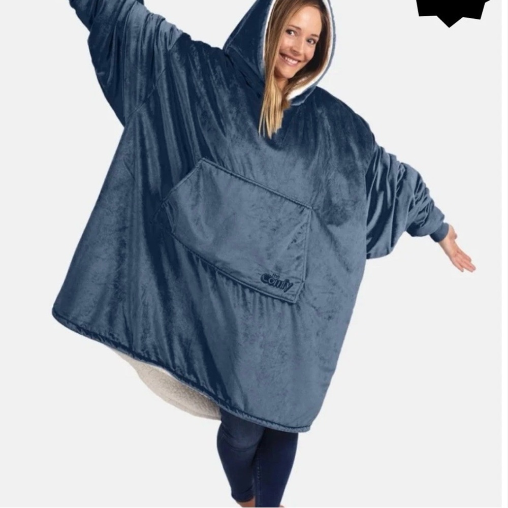 Comfy Wearable Blanket Hoodie Sweatshirt Fleece Sherpa Lined Oversized Navy Blue